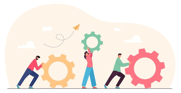 Free Vector teamwork of tiny people with gears and cogwheels. team of partners working on upgrade, repair, improving skills and client service flat vector illustration. business organization, cooperation concept