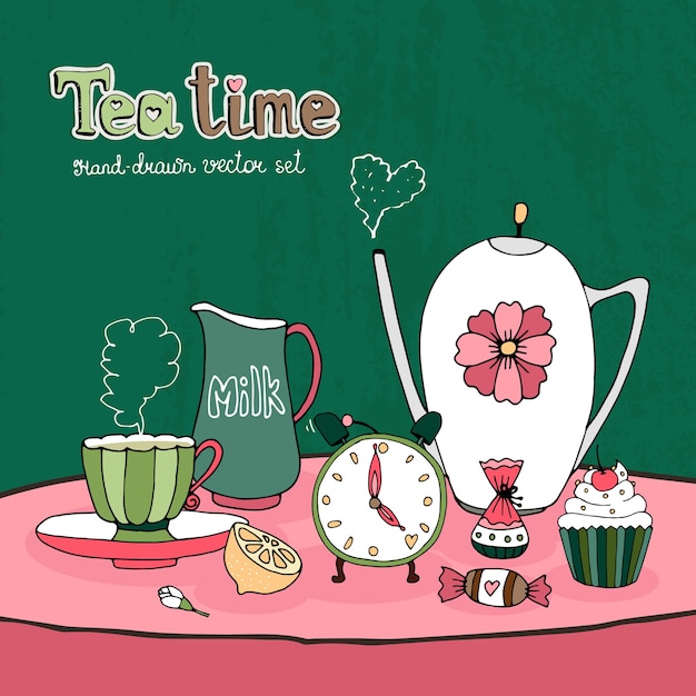 Free Vector teatime party card or invitation design with a teapot