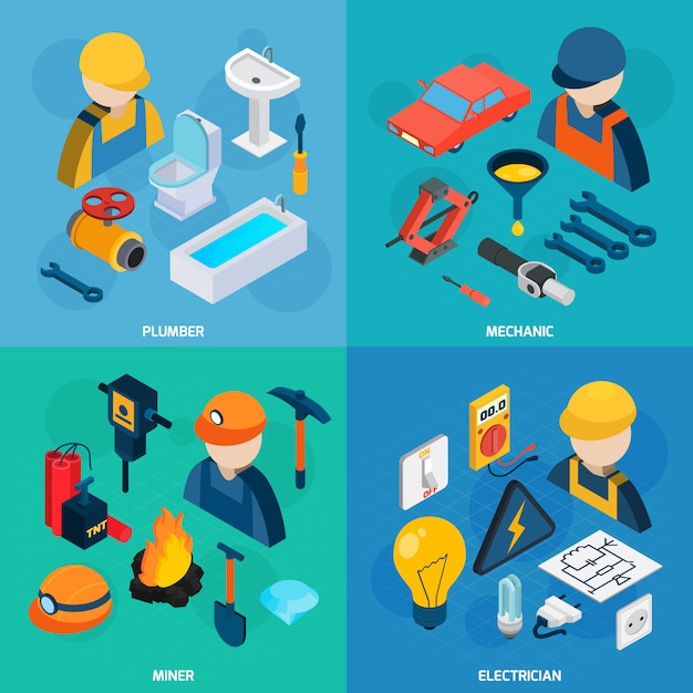 Free Vector technic professions isometric icon set