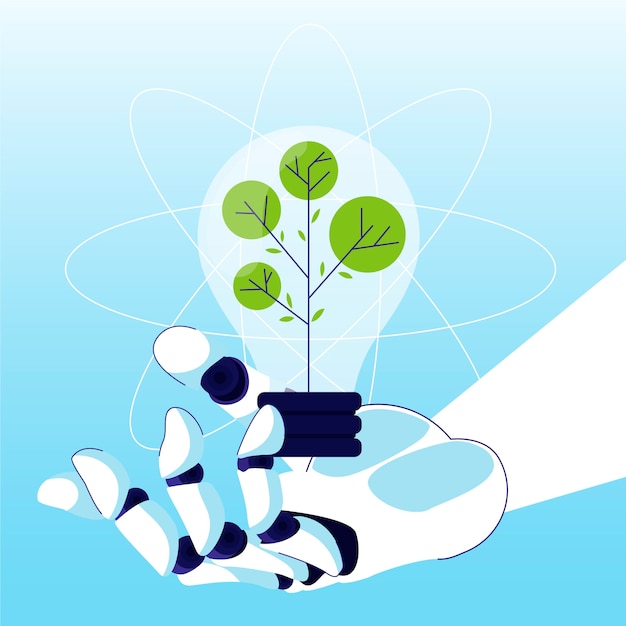 Free Vector technological ecology concept with robot hand and lightbulb