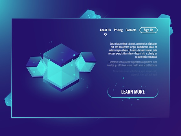 Technology banner with abstract illustration, isometric shine cube