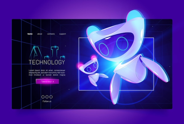 Technology cartoon web banner artificial intelligence robot at neon glowing hud