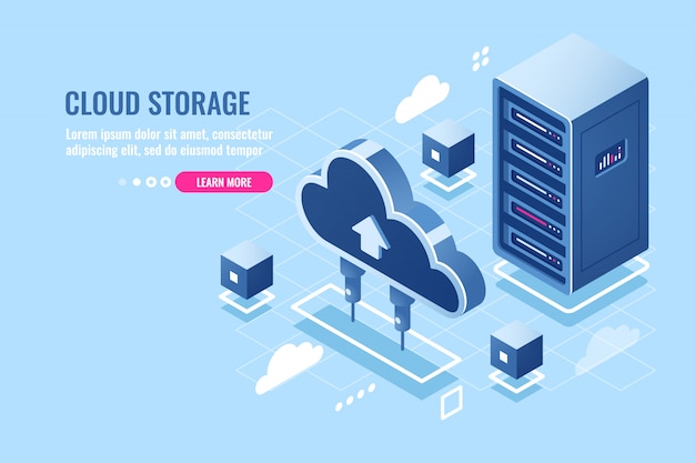 Technology of cloud data storage, server room rack, database and data center isometric icon