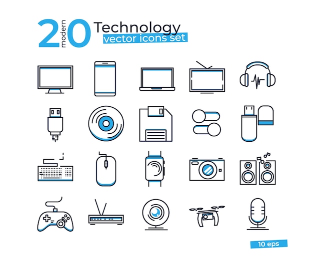 Technology object icons set for design online store. 