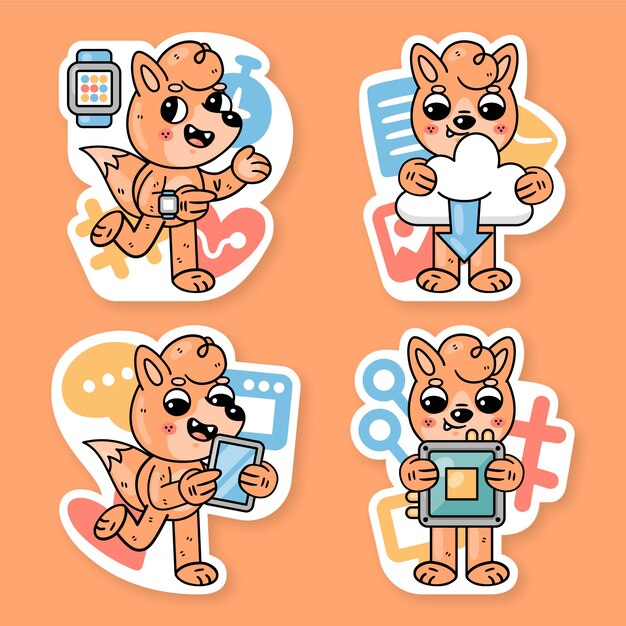 Technology stickers collection with fred the fox