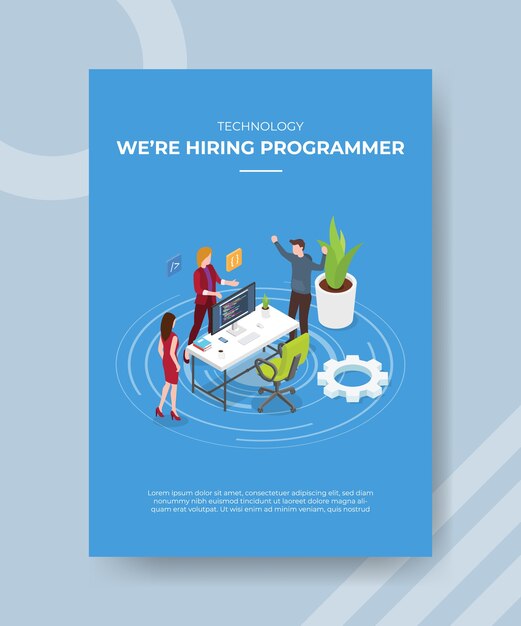 Technology were hiring programmer people standing discussion talk front desk for template of banner and flyer