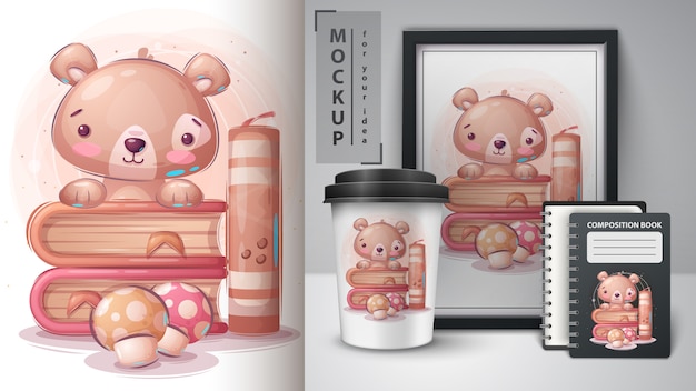 Free Vector teddy bear read book poster and merchandising