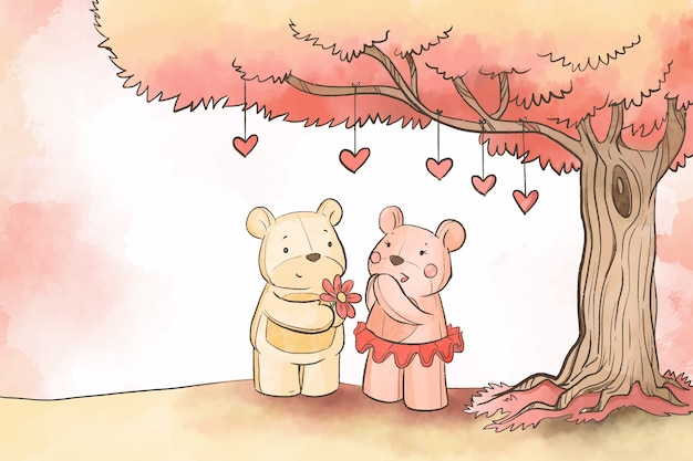 Free vector teddy bears under tree valentine background