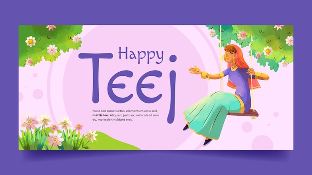 Free Vector teej watercolor horizontal banner template with woman in swing