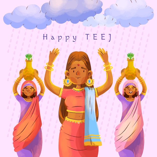 Free Vector teej watercolor illustration with women carrying jugs on their heads