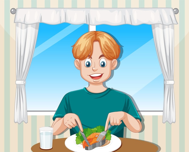 Free Vector teenage boy having meal on the table