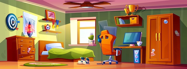 Free vector teenage boy room interior with bed