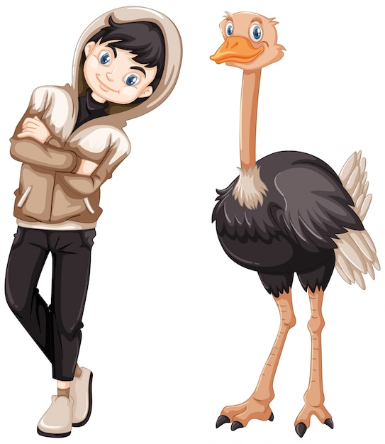 Teenage boy and wild ostrich