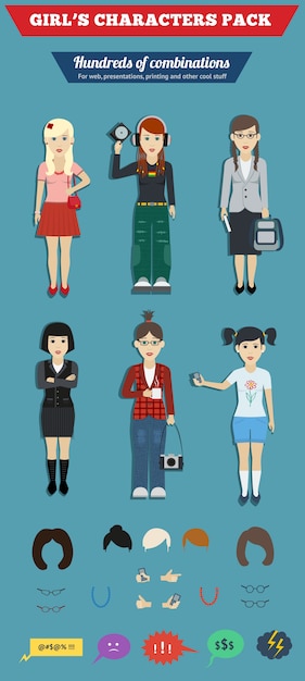 Teenage girls in different clothing styles character pack vector illustration