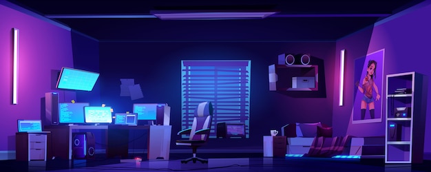 Free Vector teenager boy bedroom interior, computers on desk