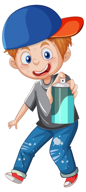 Teenager boy cartoon character with spray paint on white backgro