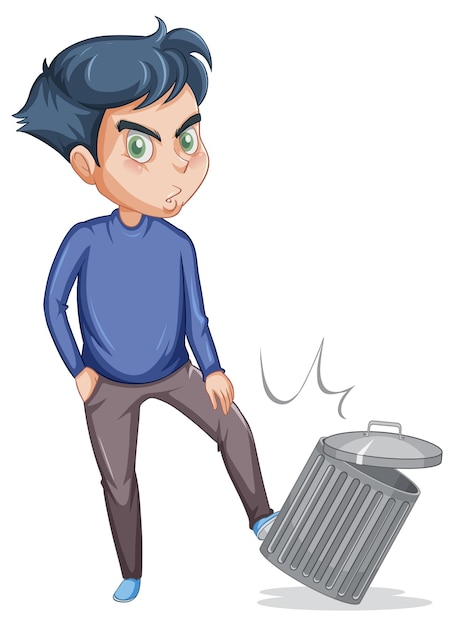 Teenager boy kick dustbin cartoon character on white background