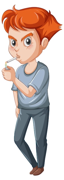 Teenager boy smoking cigarette smoking cartoon character on whit