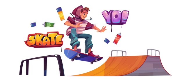 Teenager in skate park or rollerdrome perform skateboard jumping stunt on quarter pipe ramp. Extreme sport, graffiti, youth urban culture and teen activity on street, Cartoon vector illustration, set illustration