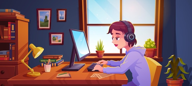 Free Vector teenager working on desktop computer at home