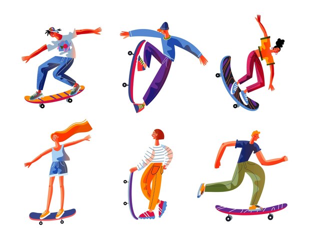 Teens skating on skateboards set Happy teenage boys and girls doing healthy exercise at leisure time young people standing with board and moving on white background