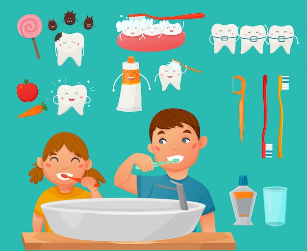 Free Vector teeth brushing kids icon set