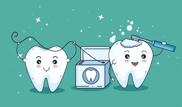 Teeth care treatment with toothbrush and dental floss