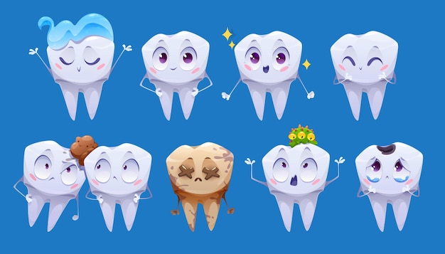 Free Vector teeth cartoon characters clean and dirty tooth