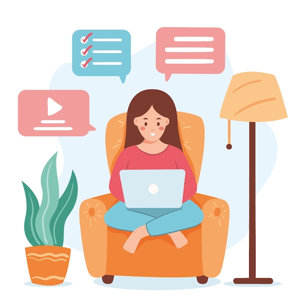 Telecommuting concept with woman on armchair