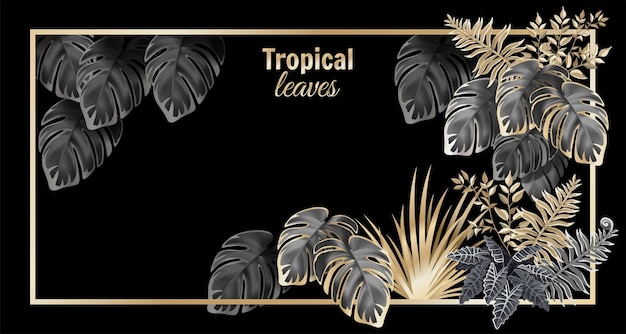 Free Vector template banner dark leaves of tropical exotic plants. background jungle with palm trees and lianas.