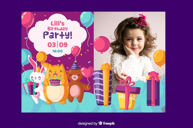 Free Vector template children birthday invitation with photo