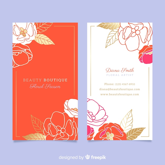 Template floral business card with golden lines