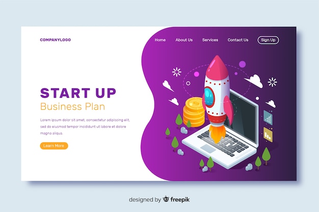 Template startup landing page in isometric design