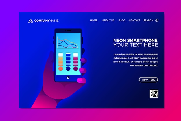 Free Vector template with neon landing page for smartphone