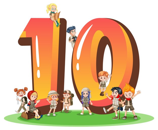 Ten kids with number ten cartoon