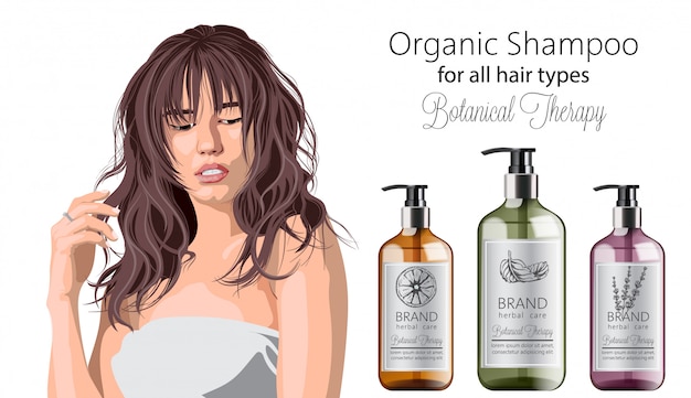 Free Vector tender woman with bangs advertising organic shampoo with herbal care. various plants and colors. mint, orange and lavender