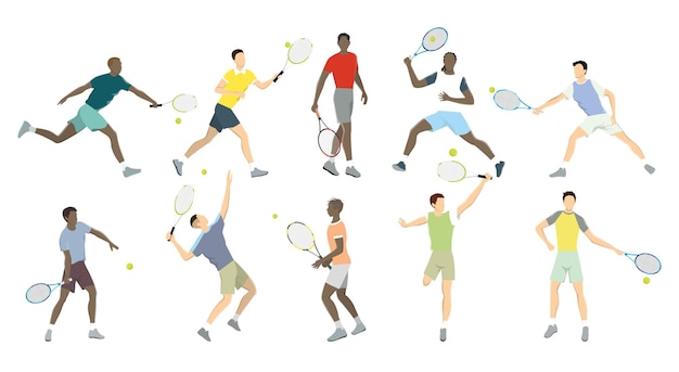 Tennis athletes moves set on white background Big tennis