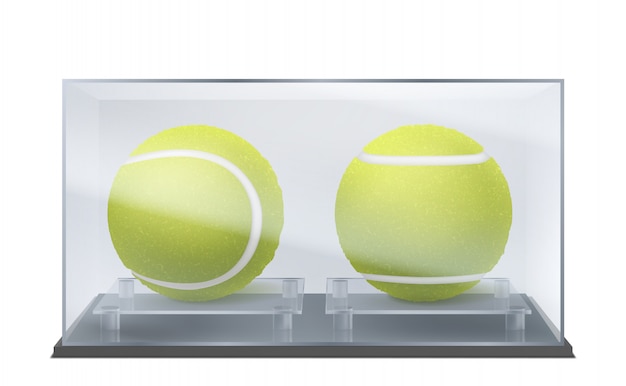 Free Vector tennis balls in glass case, sports game trophy