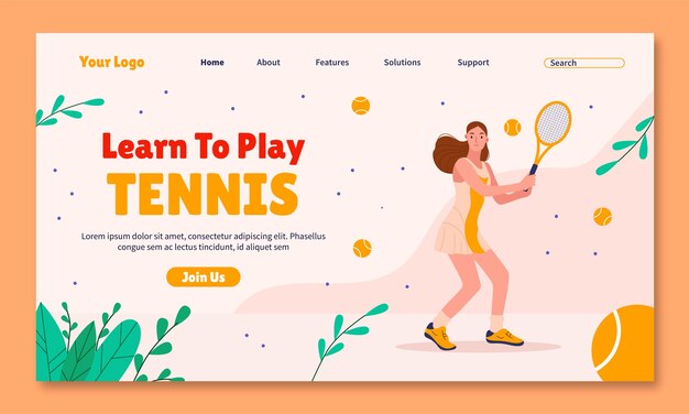 Tennis game horizontal landing page template