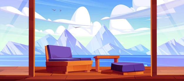 Free Vector terrace with mountain lake view home villa or hotel area with sofa and ottoman stand on wooden patio with scenery nature landscape background with rocks and water pond cartoon vector illustration