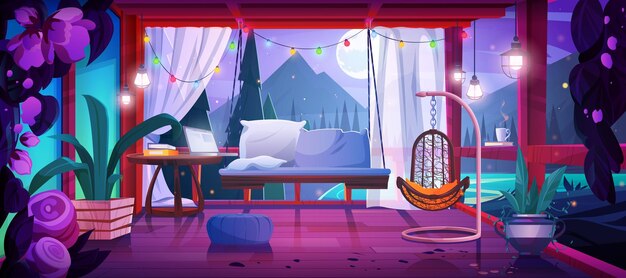 Terrace with mountains lake and forest outside window wooden floor chair and swing plants in pot and curtains laptop on table Cartoon vector patio with furniture and flowers in evening