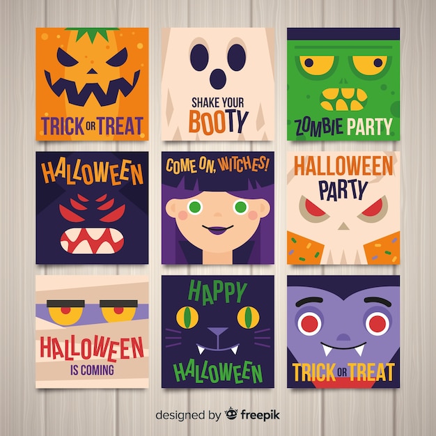 Terrific halloween card collection with flat design