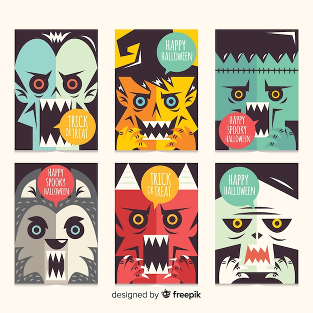 Terrific halloween card collection with flat design