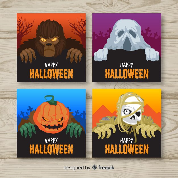 Free Vector terrific halloween card collection with flat design