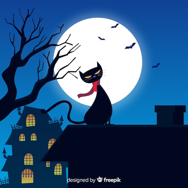 Free Vector terrific halloween cat with flat design