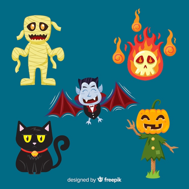 Free Vector terrific halloween character collection with flat design