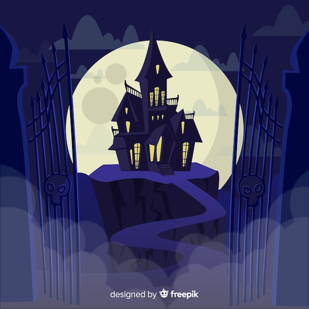 Free Vector terrific halloween haunted house with flat design