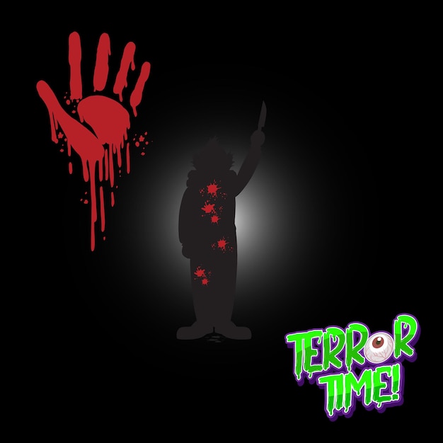 Free Vector terror time logo with bloody hand print and clown silhouette