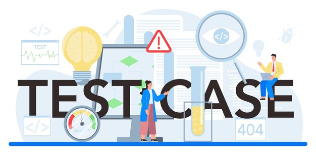 Test case typographic header Application or website code test process IT specialist searching for bugs Idea of computer technology Digital analysis Vector flat illustration