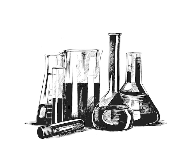 Free vector testtubes isolated on white laboratory glassware hand drawn sketch vector illustration